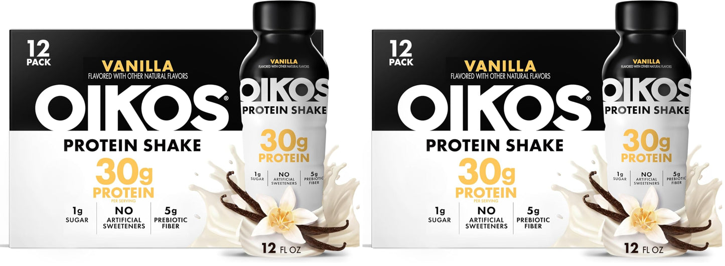 Oikos Protein Shake, Salted Caramel, 30g High Protein Drinks, Shelf Stable, Ready to Drink, 5g Prebiotic Fiber, 12 fl oz Bottle, 12 Count