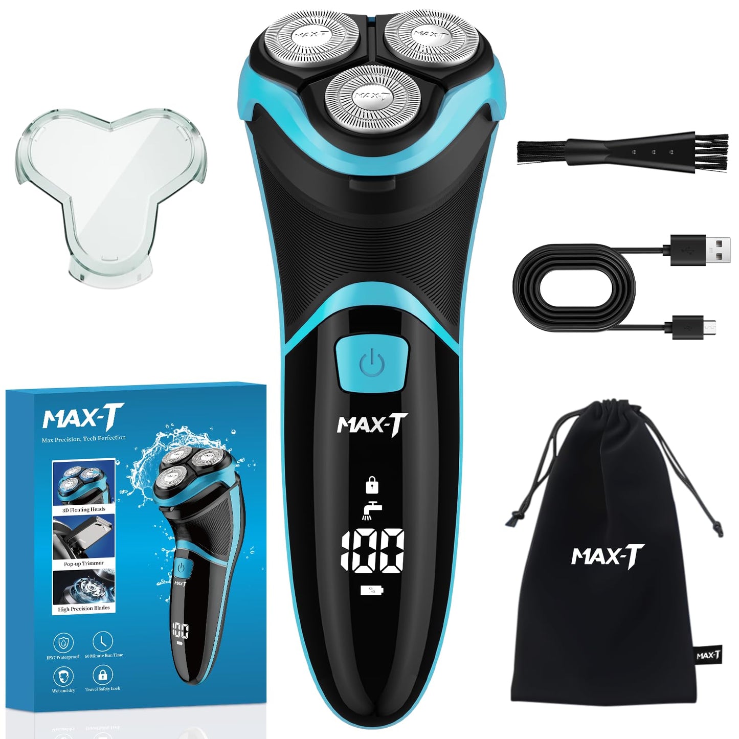 Men's Electric Shaver - MAX-T Corded and Cordless Rechargeable 3D Rotary Shaver Razor for Men with Pop-up Sideburn Trimmer Wet and Dry, IPX7 Waterproof, Plug & Play