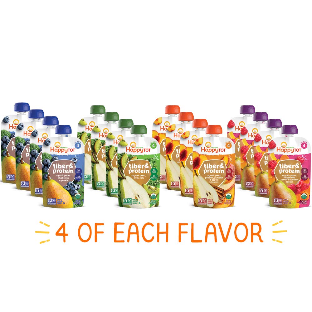 Happy Tot Organics Stage 4 Baby Food Pouches, Gluten Free, Vegan Snack, Fiber & Protein Fruit & Veggie Puree, Fruit & Veggie Variety Pack, 4 Ounce (Pack of 16), Amazon Exclusive