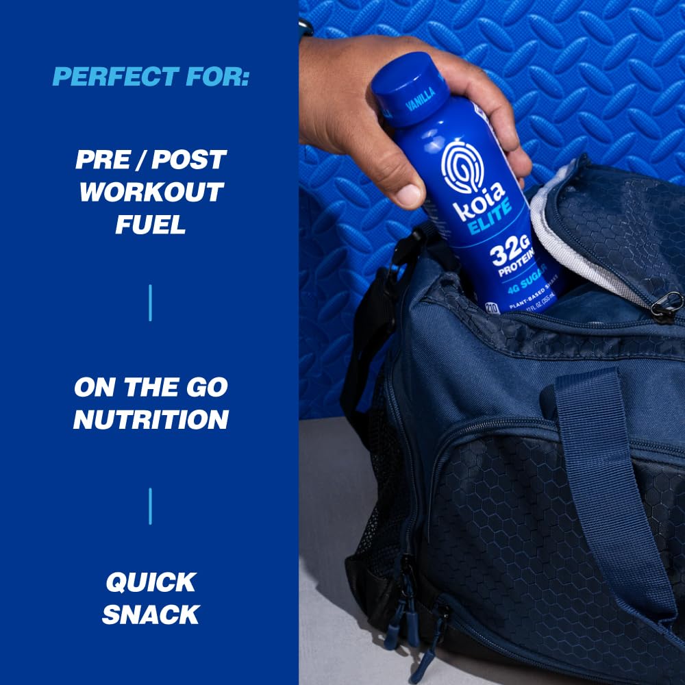 Koia Elite Plant Based Protein Shake, Vanilla, 32g Protein, 4g Sugar, 6g Prebiotic Fiber, Pre & Post Workout Nutritional Drink, No Seed Oils, Dairy-Free, Gluten-Free, Non-GMO, 12 Fl Oz (Pack of 12)