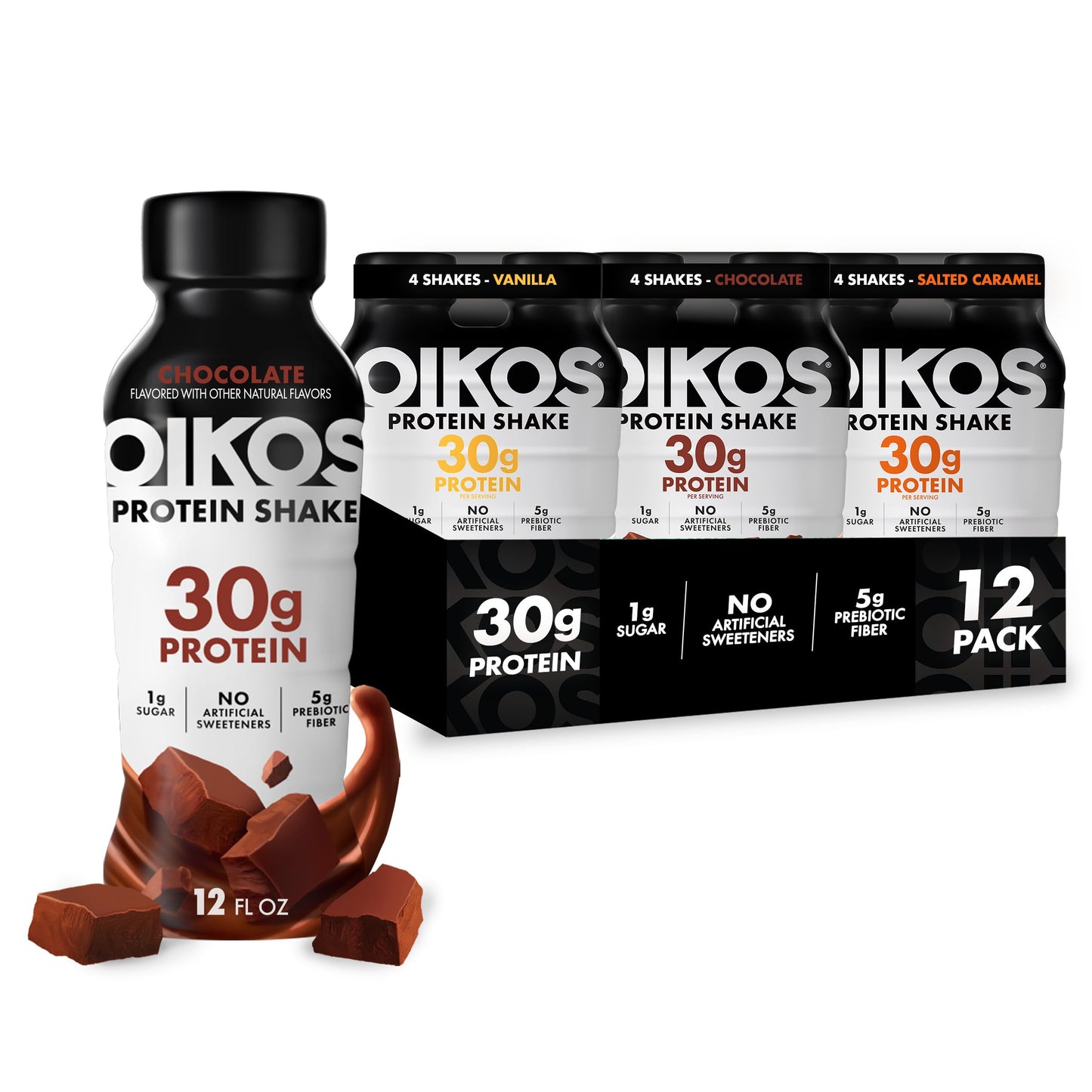 Oikos Protein Shake, Salted Caramel, 30g High Protein Drinks, Shelf Stable, Ready to Drink, 5g Prebiotic Fiber, 12 fl oz Bottle, 12 Count