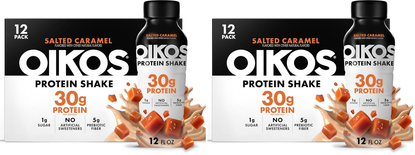 Oikos Protein Shake, Salted Caramel, 30g High Protein Drinks, Shelf Stable, Ready to Drink, 5g Prebiotic Fiber, 12 fl oz Bottle, 12 Count