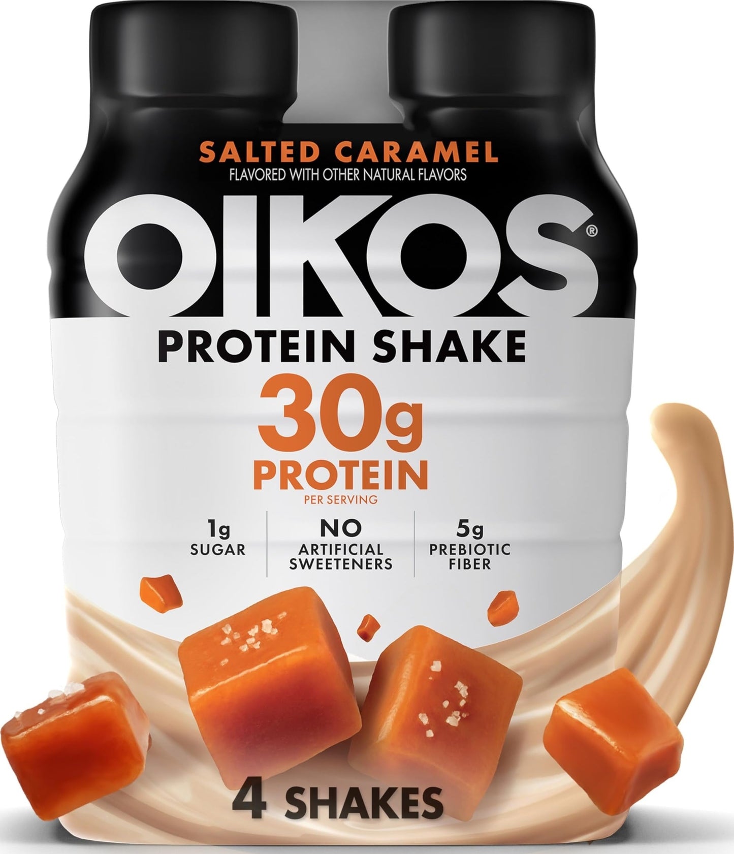Oikos Protein Shake, Salted Caramel, 30g High Protein Drinks, Shelf Stable, Ready to Drink, 5g Prebiotic Fiber, 12 fl oz Bottle, 12 Count