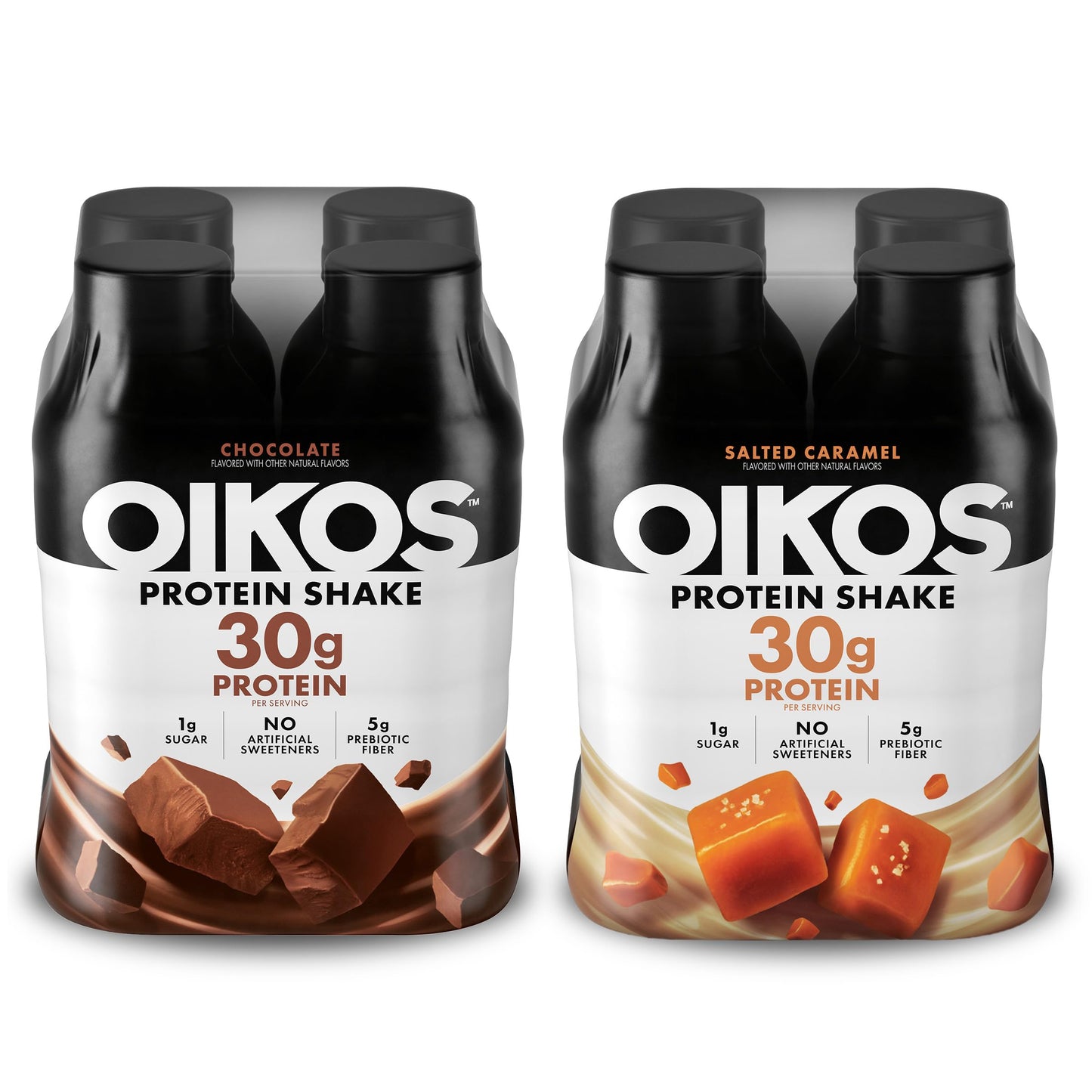 Oikos Protein Shake, Salted Caramel, 30g High Protein Drinks, Shelf Stable, Ready to Drink, 5g Prebiotic Fiber, 12 fl oz Bottle, 12 Count