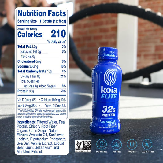 Koia Elite Plant Based Protein Shake, Vanilla, 32g Protein, 4g Sugar, 6g Prebiotic Fiber, Pre & Post Workout Nutritional Drink, No Seed Oils, Dairy-Free, Gluten-Free, Non-GMO, 12 Fl Oz (Pack of 12)