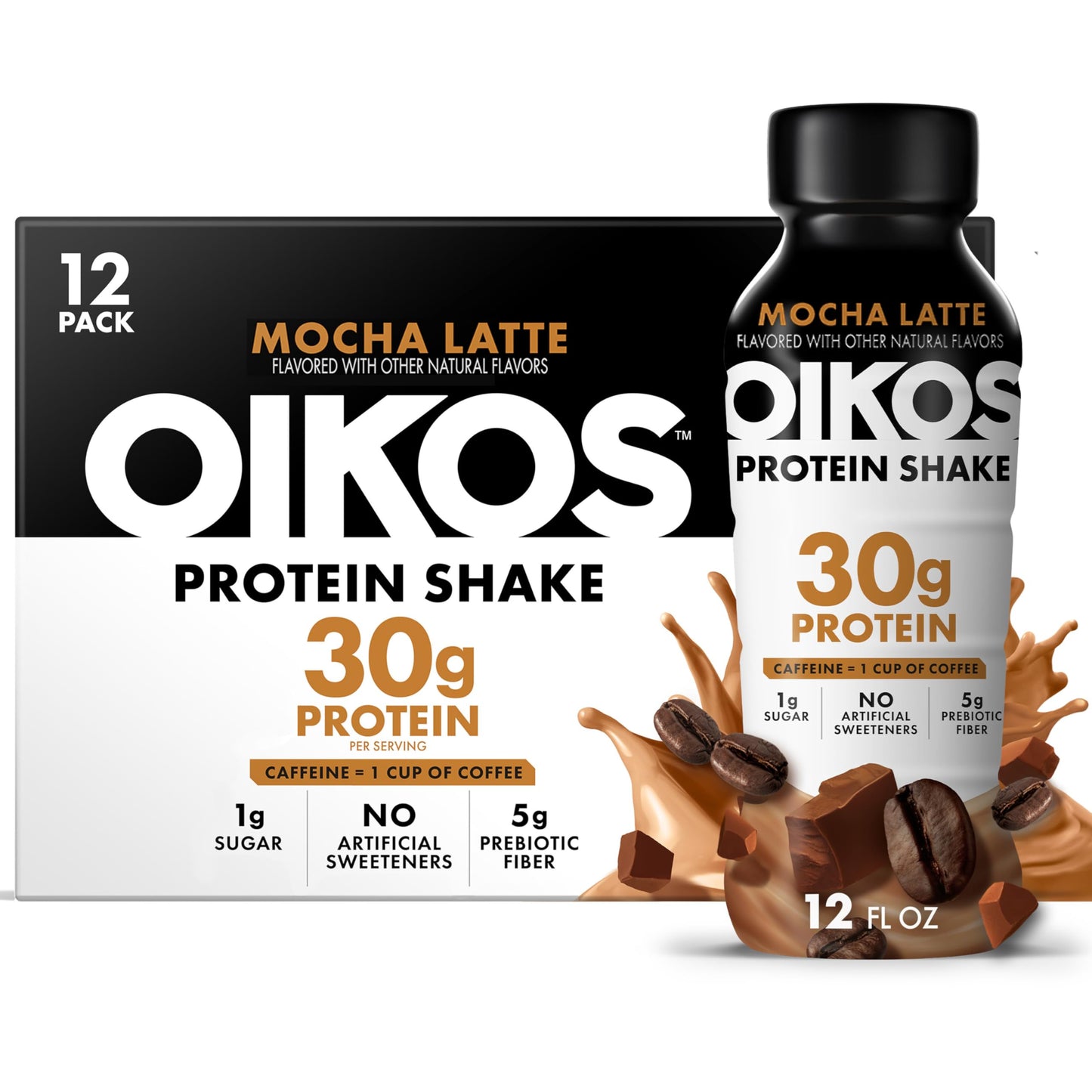 Oikos Protein Shake, Salted Caramel, 30g High Protein Drinks, Shelf Stable, Ready to Drink, 5g Prebiotic Fiber, 12 fl oz Bottle, 12 Count