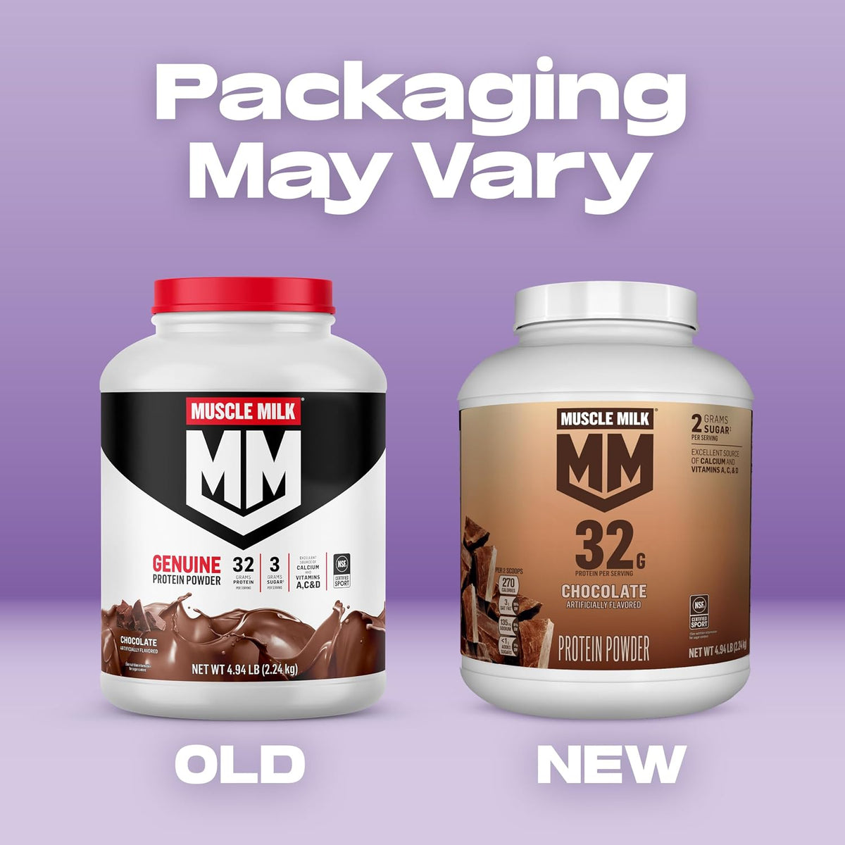 Muscle Milk Genuine Protein Powder, Chocolate, 4.94 Pound, 32 Servings, 32g Protein, 2g Sugar, Calcium, Vitamins A, C & D, NSF Certified for Sport, Energizing Snack, Packaging May Vary