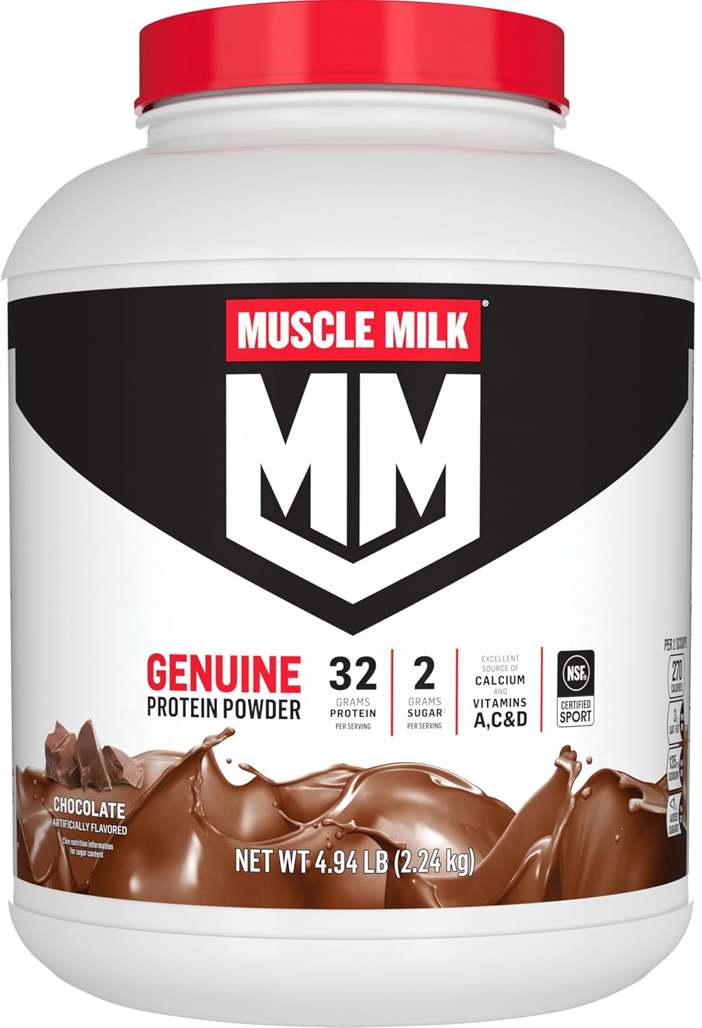 Muscle Milk Genuine Protein Powder, Chocolate, 4.94 Pound, 32 Servings, 32g Protein, 2g Sugar, Calcium, Vitamins A, C & D, NSF Certified for Sport, Energizing Snack, Packaging May Vary