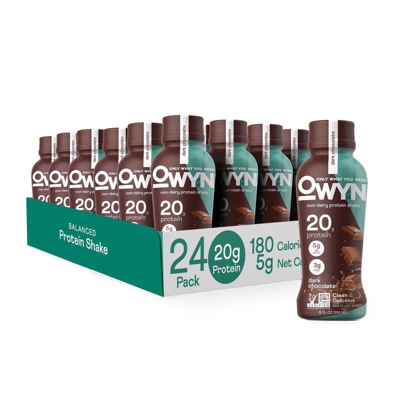 OWYN Only What You Need Dark Chocolate Flavored 20g Protein Shake, 12 Ct | 20g Protein, 4g Sugar, 3g Prebiotic Fiber, Dairy Free, Plant Protein, Gluten Free, Individual 12fl oz Bottles