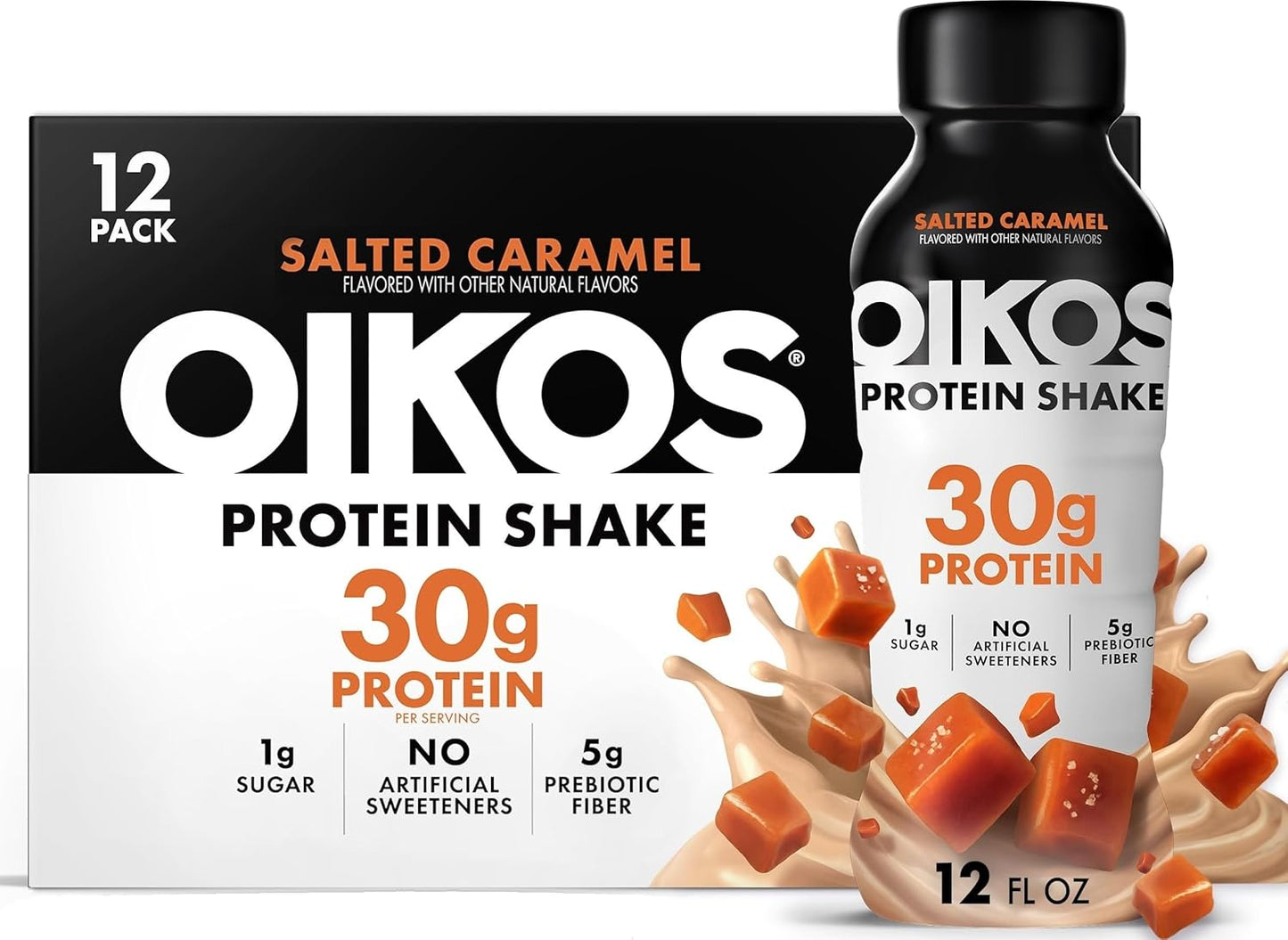 Oikos Protein Shake, Salted Caramel, 30g High Protein Drinks, Shelf Stable, Ready to Drink, 5g Prebiotic Fiber, 12 fl oz Bottle, 12 Count
