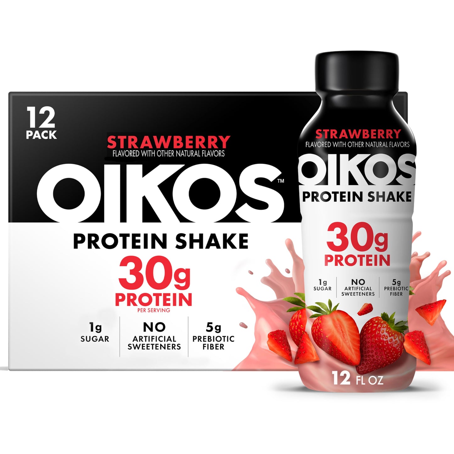 Oikos Protein Shake, Salted Caramel, 30g High Protein Drinks, Shelf Stable, Ready to Drink, 5g Prebiotic Fiber, 12 fl oz Bottle, 12 Count