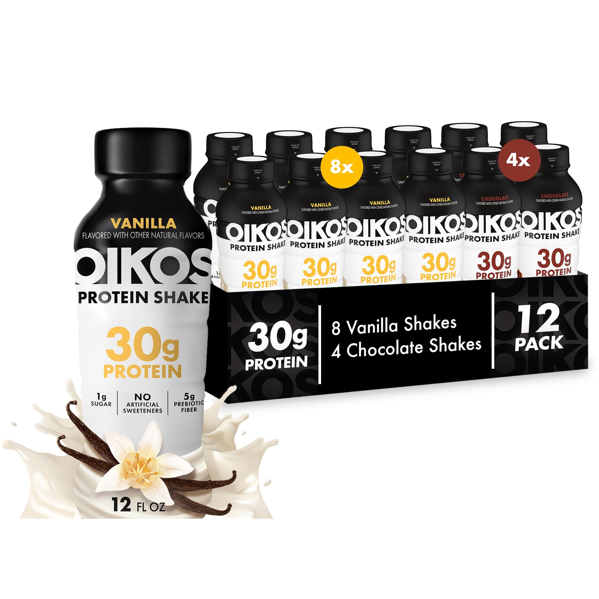 Oikos Protein Shake, Salted Caramel, 30g High Protein Drinks, Shelf Stable, Ready to Drink, 5g Prebiotic Fiber, 12 fl oz Bottle, 12 Count