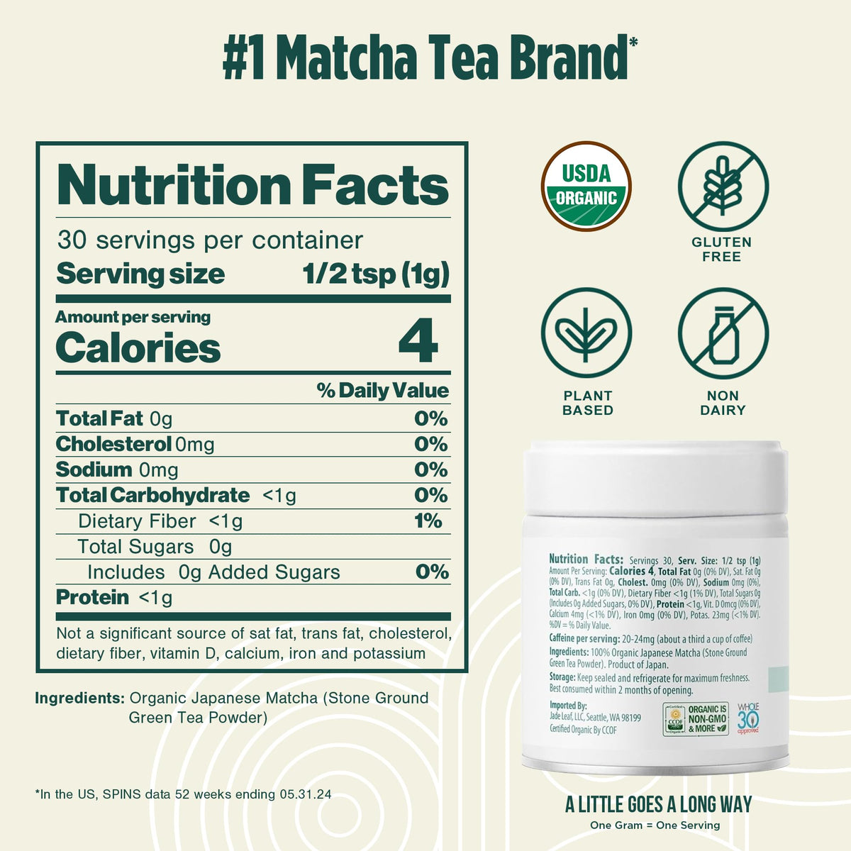 Jade Leaf Ceremonial Grade Matcha Powder, First Harverst, 100g / 3.53oz Tin