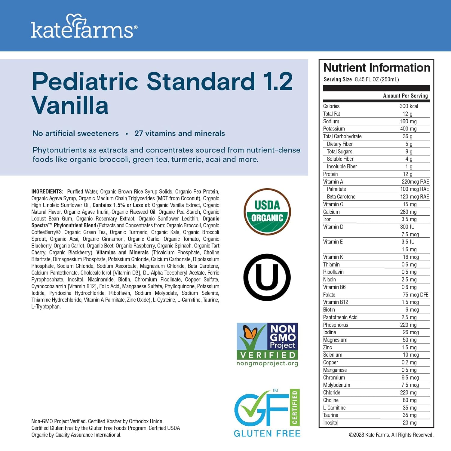 KATE FARMS Organic Plant Based Pediatric 1.2 Sole Source Vanilla Nutrition Shake, 12g of protein, 27 Vitamins and Minerals, Meal Replacement Drink for Kids, Non-GMO, 8.45 Fl oz (Pack of 12)