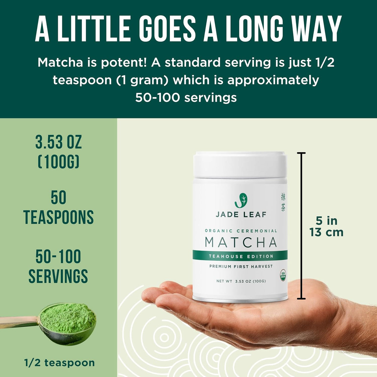 Jade Leaf Ceremonial Grade Matcha Powder, First Harverst, 100g / 3.53oz Tin
