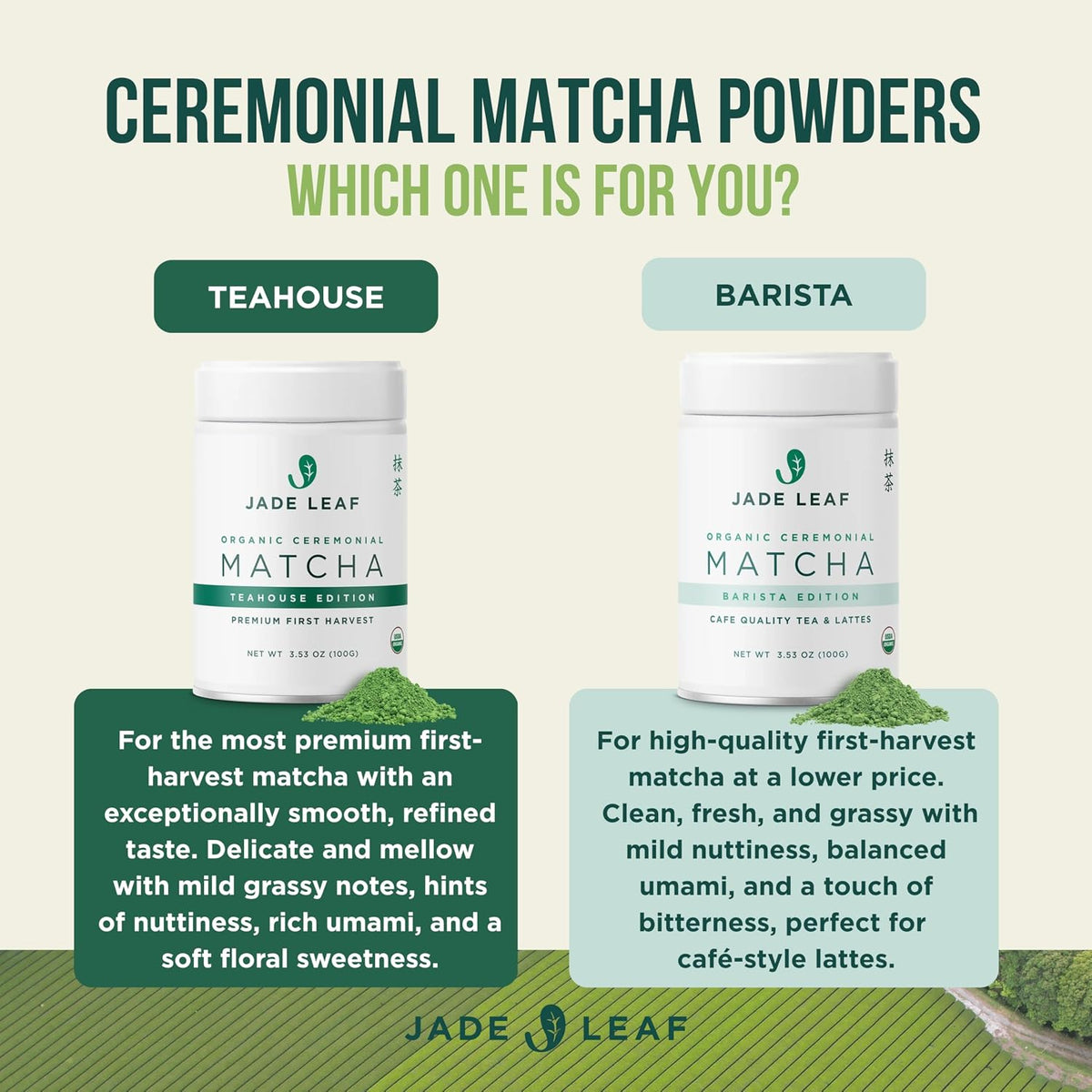 Jade Leaf Ceremonial Grade Matcha Powder, First Harverst, 100g / 3.53oz Tin
