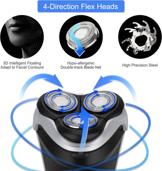 Men's Electric Shaver - MAX-T Corded and Cordless Rechargeable 3D Rotary Shaver Razor for Men with Pop-up Sideburn Trimmer Wet and Dry, IPX7 Waterproof, Plug & Play
