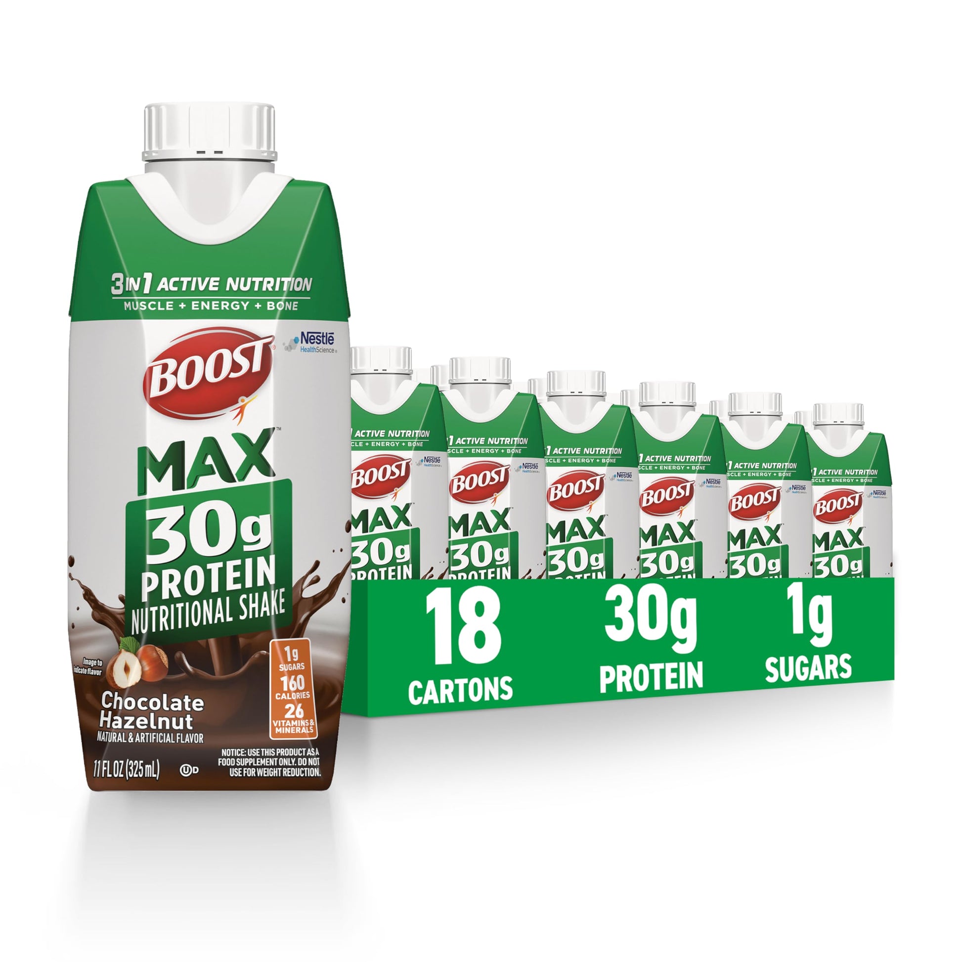 BOOST MAX Protein Shakes Ready to Drink - 30g High Protein Shake - Chocolate | Nutritional Drinks to Support Muscle Recovery After Exercise, 26 Vitamins & Minerals, 1g Sugar, 11 fl oz (Pack of 18)