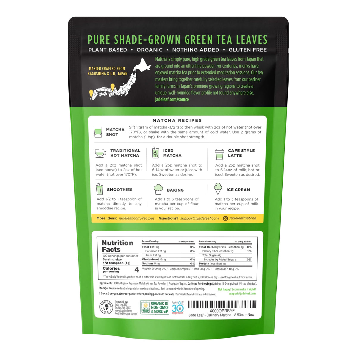 Jade Leaf Ceremonial Grade Matcha Powder, First Harverst, 100g / 3.53oz Tin