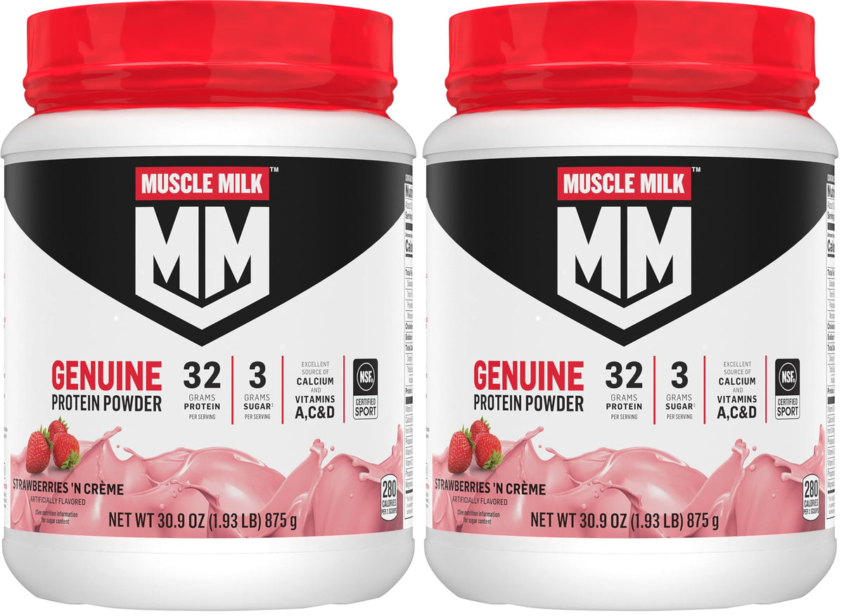 Muscle Milk Genuine Protein Powder, Chocolate, 4.94 Pound, 32 Servings, 32g Protein, 2g Sugar, Calcium, Vitamins A, C & D, NSF Certified for Sport, Energizing Snack, Packaging May Vary